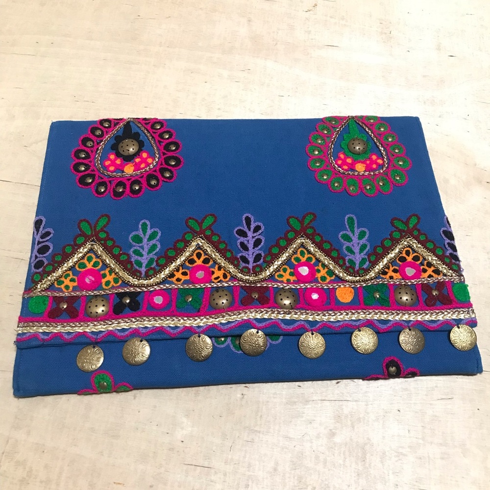 Expressions NYC Clutch Envelope Bag Embroidered Beaded Blue Pink Gold
